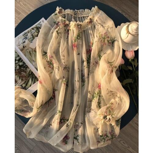 High-end Women 100% Silk Floral Printing Long Sleeve Ruffled Blouse Shirt Top