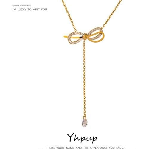 Yhpup Exquisite Butterfly Pendant Long Chain Necklace Stainless Steel Cubic Zirconia Collier Luxury Rhinestone Choker Necklace