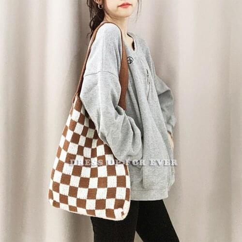 Womens Classic Checkerboard Plaid Smiley Woolen Knitted Shoulder Bag Vintage Chic Large Capacity Ladies Casual Tote Handbag