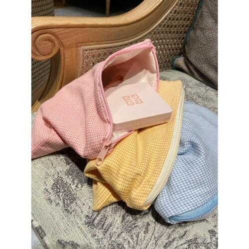 Women Small Fresh Plaid Cosmetic Bag Multifunctional Cotton Cosmetic Travel Wash Storage Makeup Bag Zipper Coin Purse