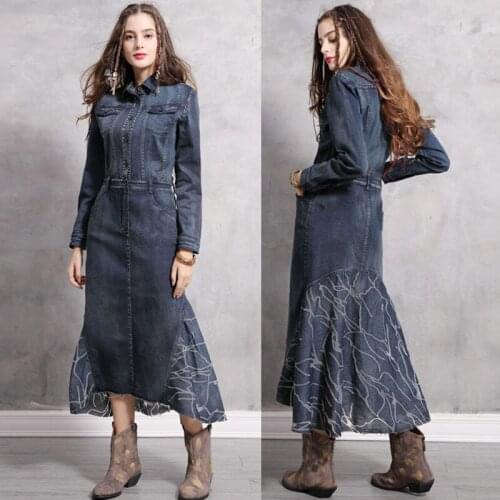 2019 Spring Fall Fashion Women Patchwork Long Sleeve Denim Trumpet Dress , Womens Female Slim Designer Mermaid Jeans Dresses