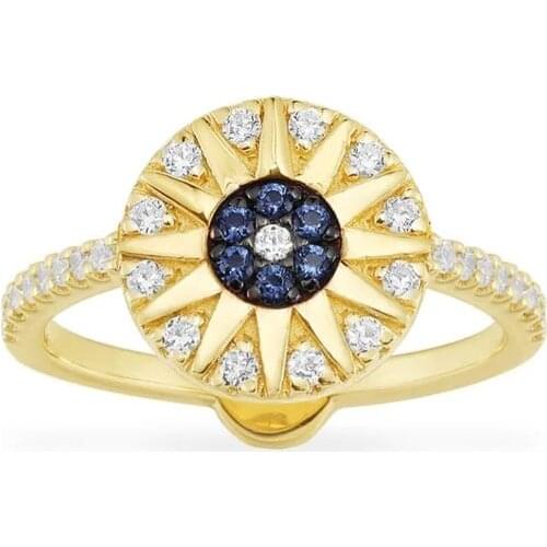 SLJELY Fashion Real 925 Sterling Silver Gold Color Tropical Affair Sun Ring with Blue Cubic Zirconia Stones Women Brand Jewelry