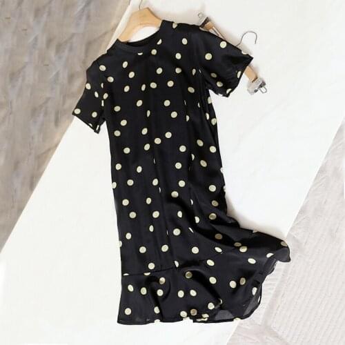2021 Summer New O-Neck Black Chiffon Knee Length Dress Women Casual Short Sleeve Dots Print Dresses For Woman Holiday Style