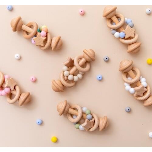 IBWAAE Baby Toys Wooden Rattle Star Shape Hand Teething Baby Teether Musical Pacifier Chain Montessori Educational Stroller Toys