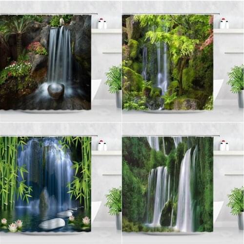 Forest Waterfall Shower Curtain Green Bamboo Floral Plants Trees Landscape Bathroom Decor Non-slip Rug Toilet Cover Bath Mat Set