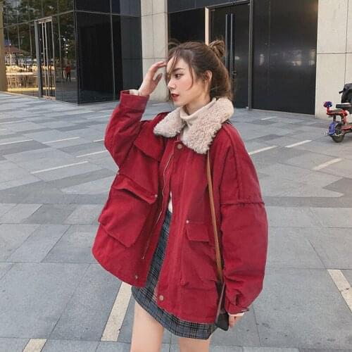 Cotton Coat Women 2021 New Korean Version Loose Lamb Wool Collar Plus Velvet Warm Parka Winter Solid Color Coats Female JD1623