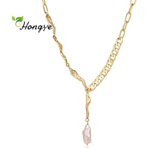 Hongye Irregular Natural Pearl Chain Toggle Clasp Necklace For Women Gold Color Jewelry Asymmetric Pendant Gift 2021 Trendy
