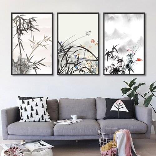 Chinese Ink Painting Style Bamboo And Orchid Beautiful mountain View Painting Canvas Picture Home Wall Art Decoration Custom
