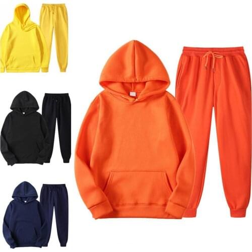 1 Set Unisex Outfit 2021 Hoodie Pants Set Solid Color Hooded Men Women Drawstring Large Pocket Sweatshirt Sweatpants for Sports