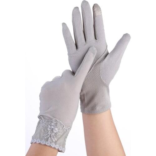 Summer Cotton Full Finger Cycling Touch Screen Gloves Womens Ice Silk Breathable Driving Lace Non-slip UV Sunscreen Mittens M76