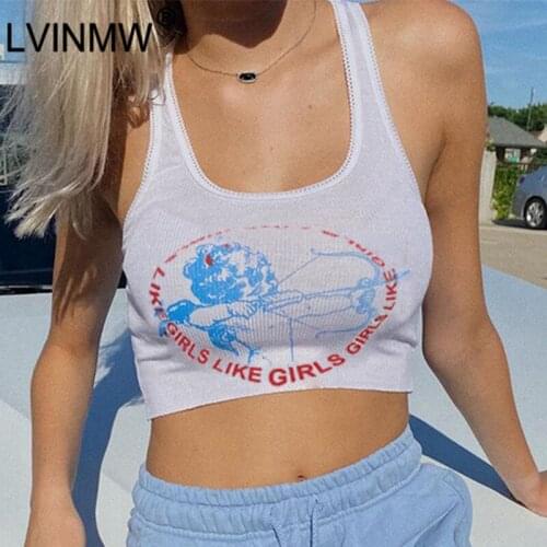 LVINMW Square Collar Sleeveless Angel Print Casual Basic Tank Tops Lace Cording Rib Slim Trim Crop Top Women Summer Streetwear