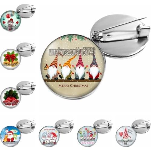 Fashion Merry Christmas 25mm Glass Brooch Cute Cartoon Santa Claus Brooch Pins Christmas Bell Brooch for Girl and Boy
