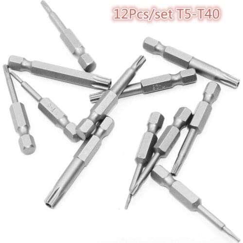 12 Sizes Electric 50mm Long 1/4 Inch Hex Shank Magnetic Torx Screwdriver Bits Set T5 T6 T7 T8 T9 T10 T15 T20 T25 T27 T30 T40