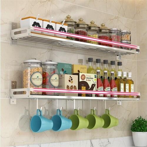 Wall Mount Storage Spice Shelf Hanging Hook Utensil Holder Kitchen Spice Bottle Jar Rack Bathroom Organizer Stainless Steel