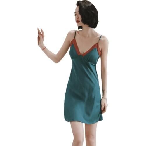 Simple Nightwear Sexy Sleepwear Silk Satin Night Dress Womens Nightgown V Neck Sling Lace Nightdress Lingerie Babydoll Homewear