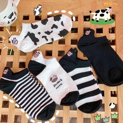Spring Autumn Fashion Women Cotton Sock Cartoon Black White Striped Cow Harajuku Kawaii Cute Girl Socks