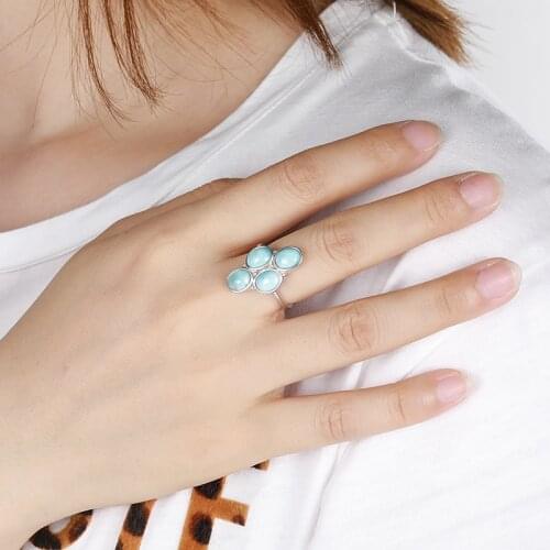New Trend 925 Sterling Silver Natural Gemstones Larimar Ring for Women Geometry Design Classic Simple Female Jewelry Dating