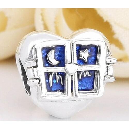 Original Blue Night Sky Window Heart With Moon Stars & Mum Beads Fit 925 Sterling Silver Bead Charm Bracelet Diy Jewelry