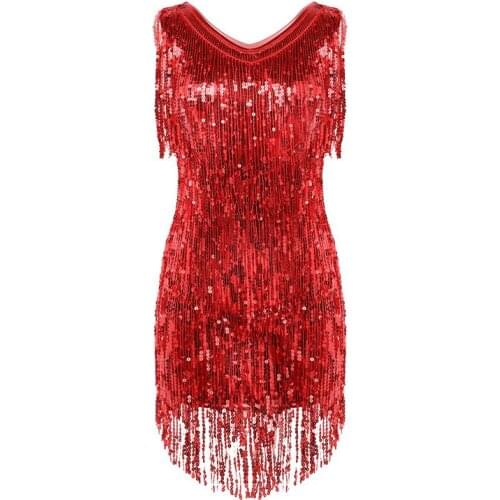 Women Ladies V Neck Sleeveless Sparkling Sequin Tassels Fringe Ballroom Samba Tango Stage Latin Dance Dress Rave Costumes