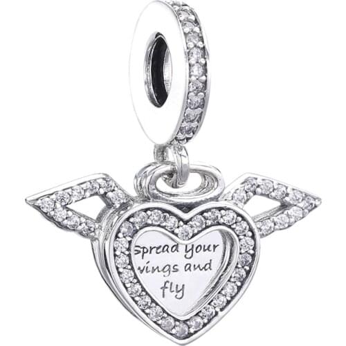 Fit Original Pandora Charms Bracelet Women Clear CZ Wing Heart Pendant Letter Spread Your Wings And Fly Beads for Jewelry Making