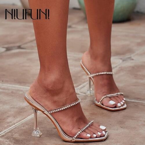Rhinestone Clear Casual Sandals Women Square Toe Transparent Sandals Peep Toe High Heels NIUFUNI Women Shoes Plus Size 35-42