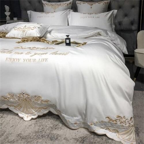 Luxury 00% Cotton White Royal Embroidery Binding Satin 200x230 Bedding Set Duvet Cover Set Letter Bed Linen Bedclothes For Home