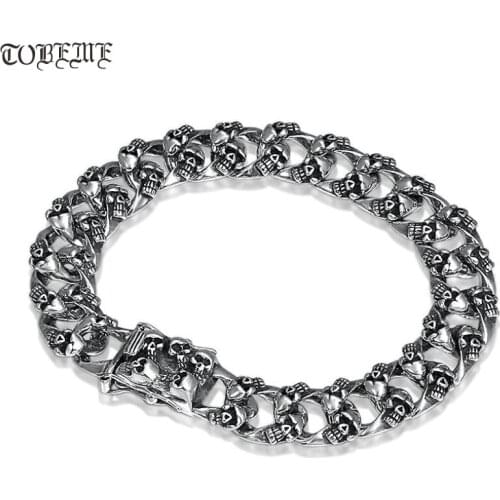 Handmade 100% 925 Silver Skull Bracelet Vintage Sterling Skeleton Bracelet Man Bracelet Hiphop Rock Jewelry