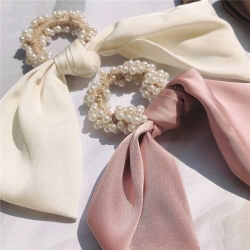 Pearl Satin Silk Bow Streamers Knotted Scrunchie Hair Accessories Women Ponytail Holder Elastic Beaded Rubber Hair Ties