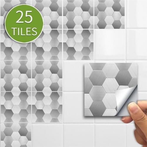 Silver Hexagon Tile Stickers Self Adhesive Waterproof Mural Bathroom Restaurant Renovation Tiles Decal Wall Decoration Wallpaper