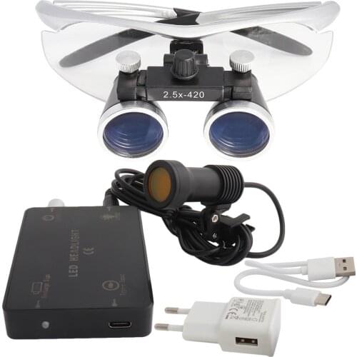 2.5 3.5x420 Dental Loupes Medical Magnifier Magnification Binocular 5W Headlight Headlamp Spiral Filter UBS Charger
