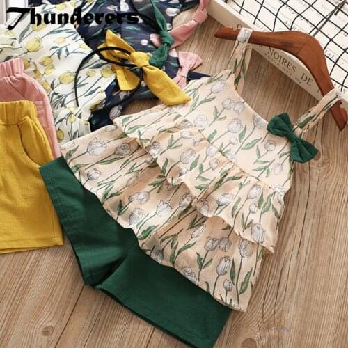 Thunderers Summer Kids Clothing Set For Girl Printed Backless Shirt With Short Pants Children Clothes Suit Toddler Baby Wear
