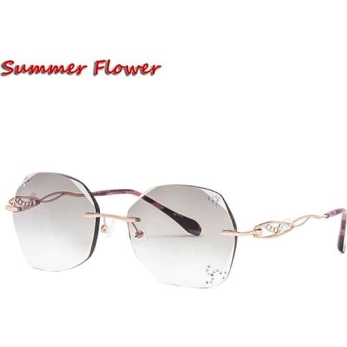 Chashma Titanium Fashion Female Eye Glasses Diamond Trimmed Rimless Spectacle Frames Women Sunglasses Tint Lenses