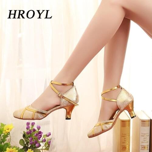 HROYL Latin Dance Shoes For Women PU Gold African print Salsa Dance Shoes Womens Ballroom Dance Sandal Hight Heel 10cm 8cm
