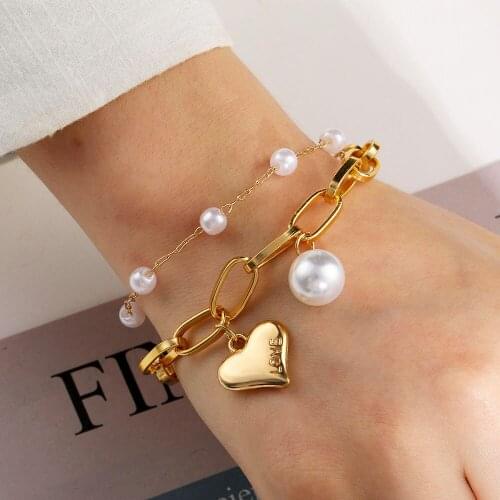 Vintage Pearl Love Heart Thick Chain Bracelet For Women Korean Big Pearl Gold Chain Charms Bracelets Pulseras Jewelry Gift