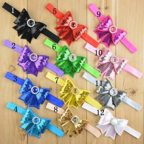 Embroidery Sequin Bows with Colored Rhinestone Buttons Headband Girls Boutique Headwear 10pcs/lot FDA37