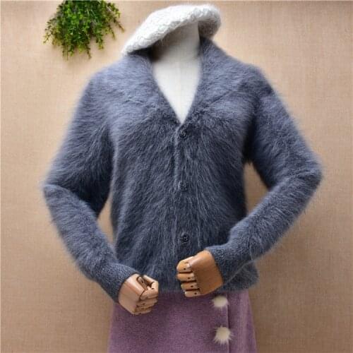 Ladies women fashion grey autumn winter clothing hairy mink cashmere knitted turn-down neck slim blouses jacket coat sweater top