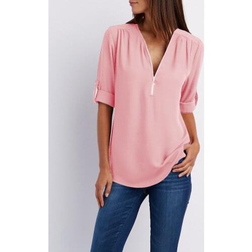 Women Chiffon Shirt Fashion V-neck Zipper Pink White Blouse 17 colors for Female Work Wear Tops Blusas Plus Size S-5XL NS4334