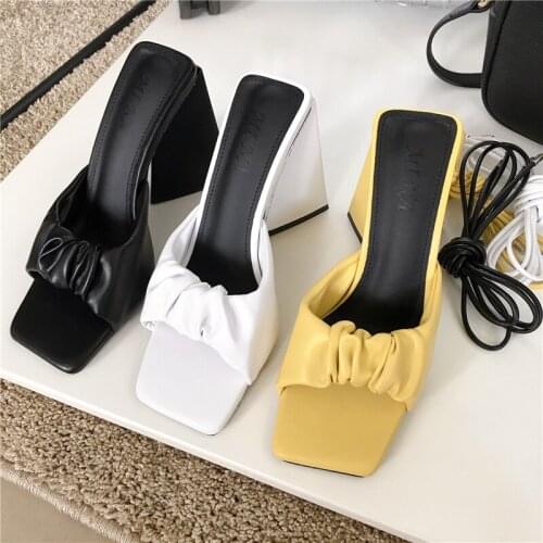 Yellow Fashion Pleated Design Triangle High Heels Women Slippers Elegant Square Toe Thick Soled Ladies Shoes Sandals 2021
