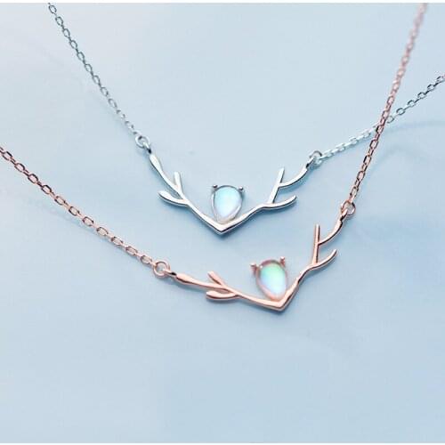 MloveAcc 925 Sterling Silver Korean Fashion Gradient Crystal CZ Antlers Pendant Necklace Short Clavicle Chain for Women Girl