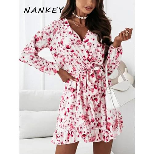 NANKEY Women Floral Print Dress Autumn Winter Casual Womens Dresses V Neck Long Butterfly Sleeve Sashes Boho Mini Party Dress
