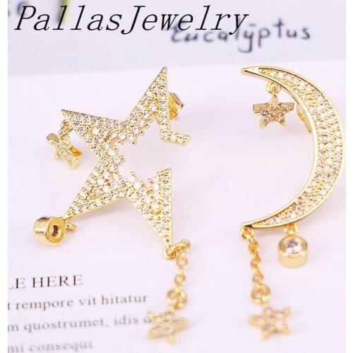 4 Pairs, New Fashion Gold Color Earrings Clear Cubic Zirconia Earrings Star Moon Female CZ Micro Pave Jewelry For Woman Gift