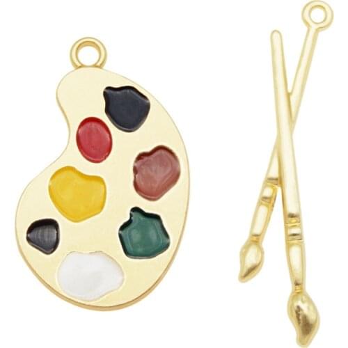 4pcs Gold Alloy Charm Art Paint Tray Palettes and brushes charms dangle earrings Neacklae Pendant Handmade Bracelet Keychain DIY