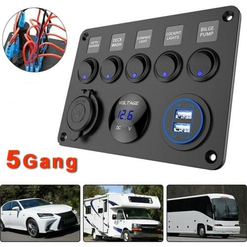 5 Gang 12V/24V Inline Fuse Box LED Switch Panel Dual USB Car Boat Truck Camper Digital Voltage Display Blue LED Light