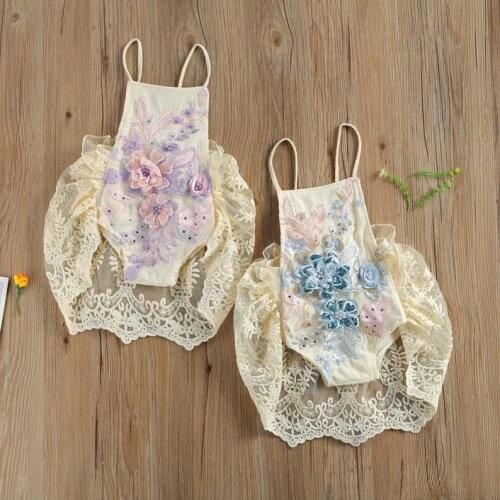 Baby Girl Sweety Suspender Bodysuits Jumpsuits Lace Crochet Backless Lace-Up Triangle Bodysuits Summer Clothes