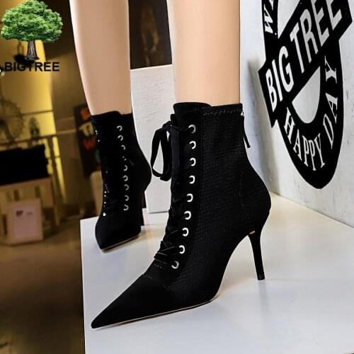 BIGTREE Women Ankle Boots For Pointed toe Boots female shoes fashion Low Heel 8CM Cross-tied Women Boots size 34-40