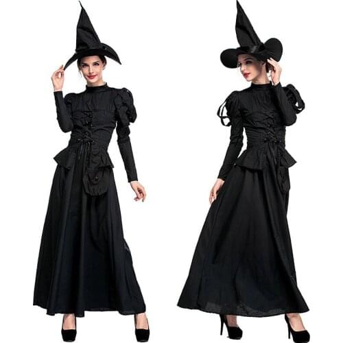 Halloween Cosplay Costumes Dark Black Lacing Long Forest Witch Cloak Solid Color Slim Thin Dresses Stage Performance Clothing