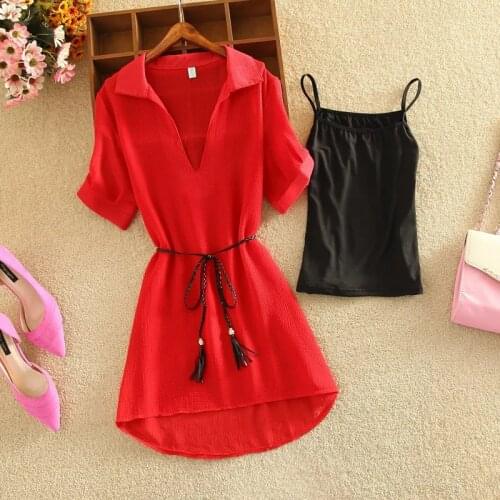 Summer Womens Shirt Long Dress Two Piece Women Slim Waist Hidden Fleshy Chiffon Waist Show Dress 2021 New