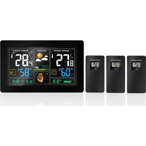 3 Outdoor Sensors Wireless Weather Station Color LCD Display Temperature Humidity Weather Forecast RCC Snooze Alarm Clock