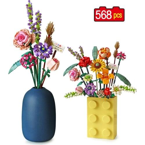 Mini Romantic Rose Bouquet Moc Building Blocks Friends Sunflower Bricks Home Decoration DIY Toys for Girls Gift