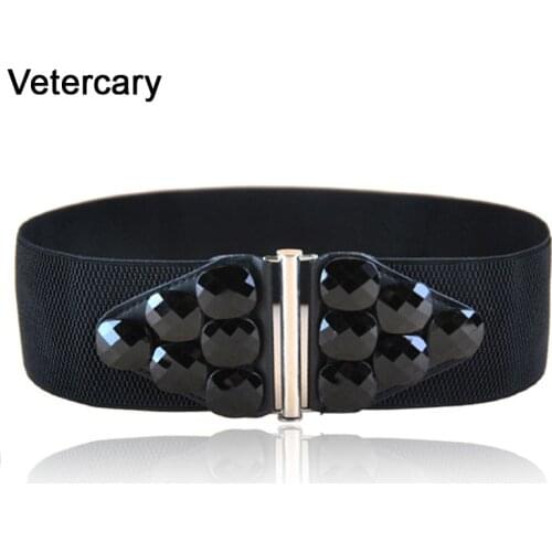 Belle Cummerbunds Fashion Womens Wide Belt black acrylic gem buckle Stretchy Elastic Solid Casual Waistband Lady Dress